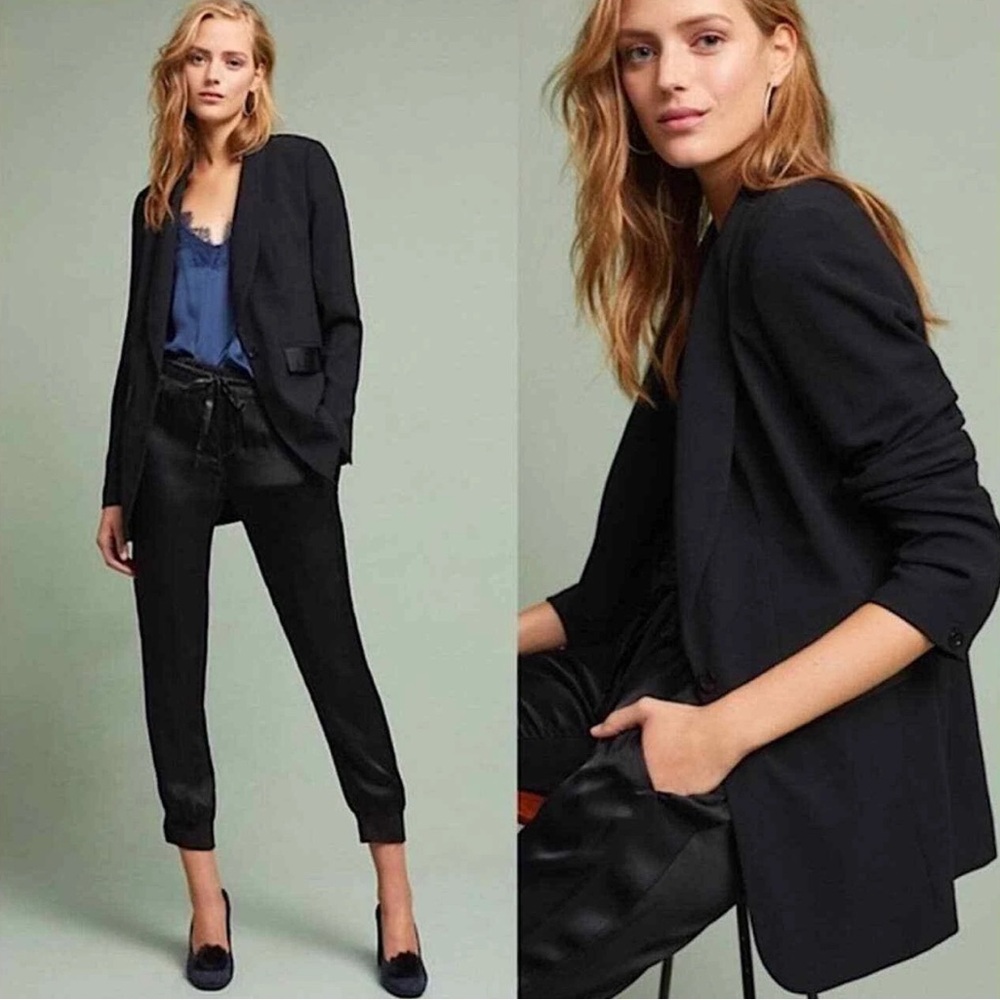 Anthropologie Essential Boyfriend Blazer Black Floral Satin Lining Size 8 Tailor
